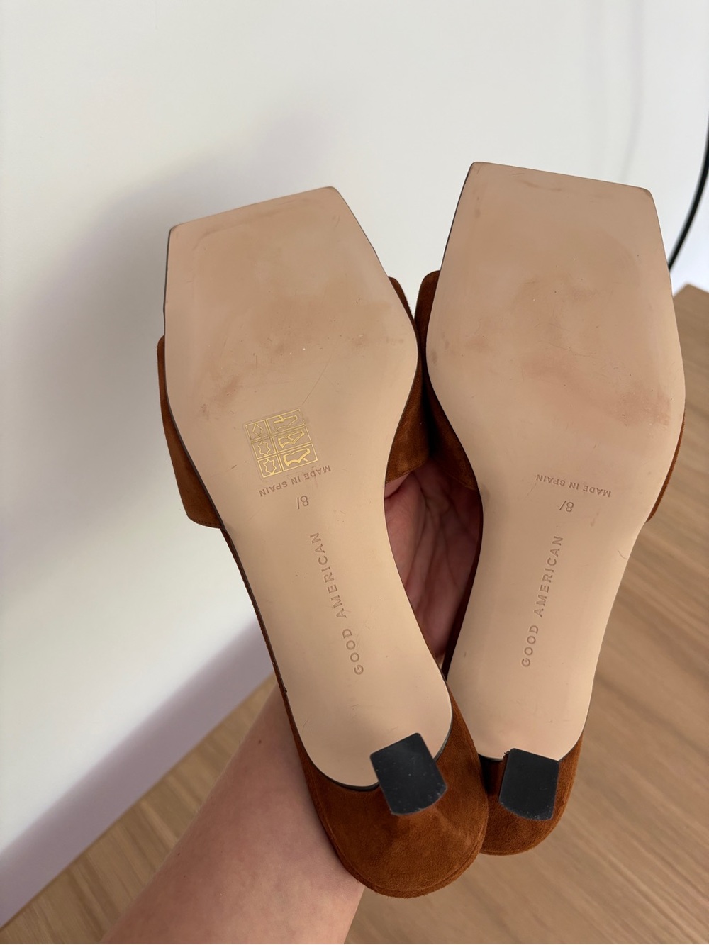 Good American Brown Suede Square-Toe Slide Mules with Gold Accent - Picture 6 of 6